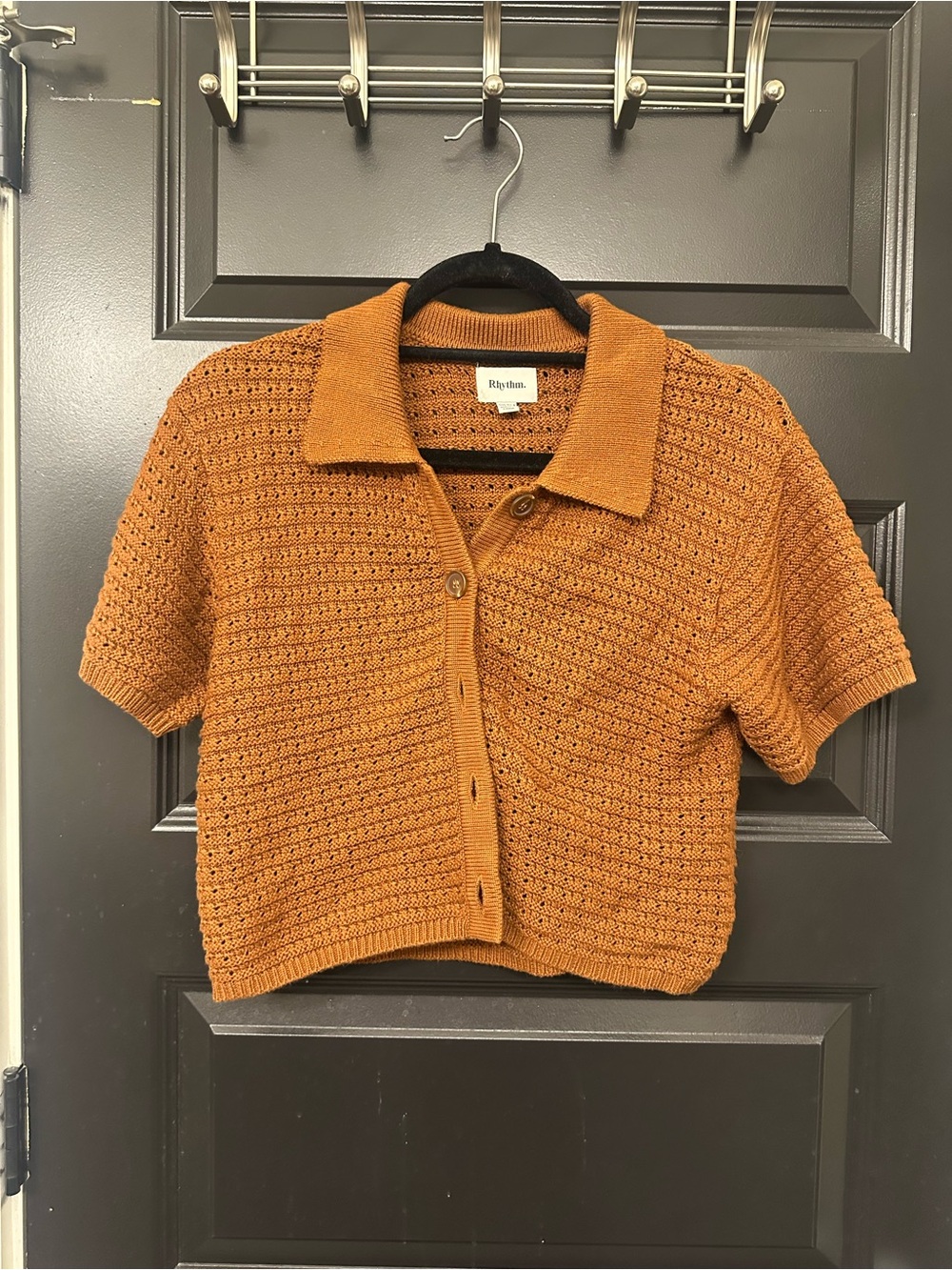 Rhythm Rust Orange Cropped Knit Polo Cardigan